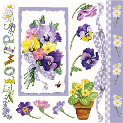 20 Servietten - 33 x 33 cm PANSY BOUQUET LILA,  Blumen - Stiefmütterchen,  Blumen - Primeln,  Frühjahr,  lunchservietten