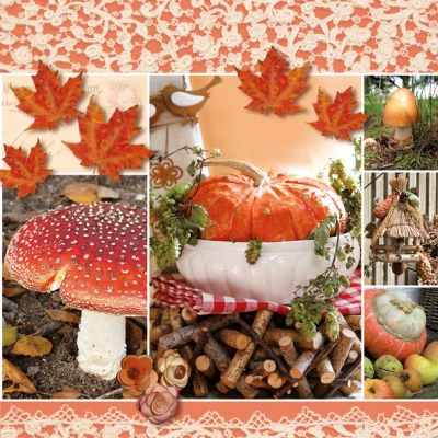 20 Servietten - 33 x 33 cm AUTUMN SCENE,  Früchte - Kürbisse,  Herbst - Blätter / Laub,  Früchte - Pilze,  Herbst,  lunchservietten