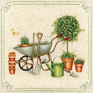 20 Servietten - 33 x 33 cm GARDENING TOOLS,  Blumen - Lavendel,  Pflanzen - Efeu,  Sommer,  lunchservietten,  Schubkarre,  Gieskanne,  Schaufel