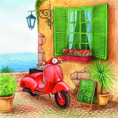 20 Servietten - 33 x 33 cm ,  Pflanzen,  Regionen - Mediteran,  Regionen - Länder - Italien,  Sommer,  lunchservietten,  Fahrzeuge,  Roller
