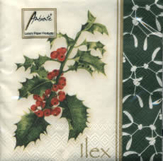 20 Servietten - 25 x 25 cm CLASSIC ILEX GREEN,  Sonstiges - Muster,  Sonstiges - Schriften,  Pflanzen - Ilex,  Weihnachten,  cocktail servietten,  Ilexzweig mit Früchten,  Mistel Borte