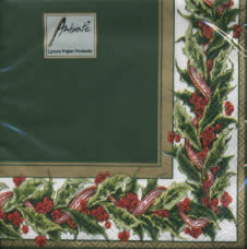 20 Servietten - 25 x 25 cm ,  Pflanzen - Ilex,  Sonstiges - Muster,  Früchte -  Sonstige,  Weihnachten,  cocktail servietten,  Dunkelgrüner Hintergrund mit Ilex und Früchte Borte