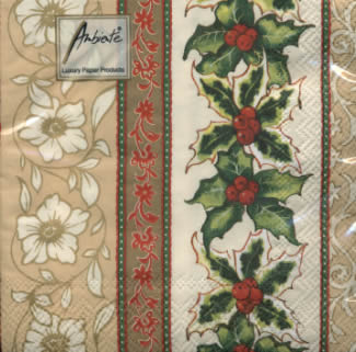 20 napkins - 25 x 25 cm CHRISTMAS BORDER CREAM,  Plants - Ilex,  Flowers - other,  Christmas,  cocktail napkins