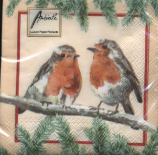 20 Servietten - 25 x 25 cm ROBINS CREAM,  Tiere - Vögel,  Winter,  cocktail servietten,  Tannenzweige,  Rotkelchen