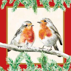 20 Servietten - 25 x 25 cm ROBINS RED,  Tiere - Vögel,  Winter,  cocktail servietten,  Tannenzweige,  Rotkelchen