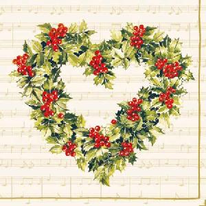 20 Servietten - 25 x 25 cm ILEX HEART,  Pflanzen - Ilex,  Sonstiges - Musik,  Winter,  cocktail servietten,  Noten; Herzen