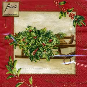 20 Servietten - 33 x 33 cm ,  Winter - Schlitten,  Weihnachten - Weihnachtsbaum,  Pflanzen - Ilex,  Weihnachten,  lunchservietten