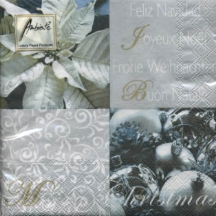 20 Servietten - 33 x 33 cm FELIZ NAVIDAD SILVER,  Sonstiges - Schriften,  Weihnachten - Baumschmuck,  Weihnachten - Weihnachtsstern,  Weihnachten,  lunchservietten