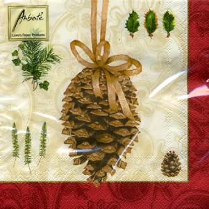 20 Servietten - 33 x 33 cm PINEAPPLE RED,  Früchte - Zapfen,  Weihnachten,  lunchservietten