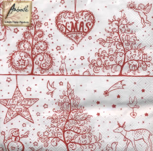 20 Servietten - 33 x 33 cm SILHOUETTE POS.RED,  Weihnachten - Weihnachtsbaum,  Tiere - Reh / Hirsch,  Winter - Schneemänner,  Weihnachten,  lunchservietten