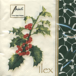 20 Servietten - 33 x 33 cm CLASSIC ILEX GREEN,  Pflanzen - Ilex,  Weihnachten,  lunchservietten