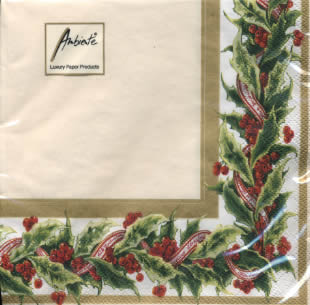 20 Servietten - 33 x 33 cm BORDER OF HOLLY CREAM,  Früchte -  Sonstige,  Pflanzen - Ilex,  Weihnachten,  lunchservietten