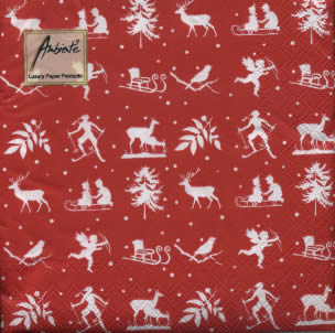 20 Servietten - 33 x 33 cm CHRISTMAS STENCILS NEGATIVE RED, Tiere - Vögel,  Sport,  Tiere - Reh / Hirsch,  Winter - Schlitten,  Winter,  lunchservietten,  Ski fahren