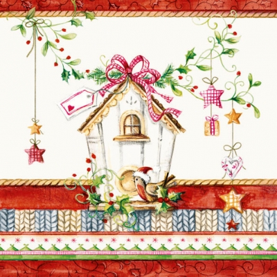 20 Servietten - 33 x 33 cm BIRDS HOUSE,  Weihnachten - Sterne,  Weihnachten - Baumschmuck,  Tiere - Vögel,  Weihnachten,  lunchservietten