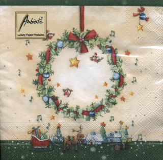 20 Servietten - 33 x 33 cm MELODY WREATH GREEN,  Weihnachten - Sterne,  Winter - Schlitten,  Weihnachten,  lunchservietten,  Kränze