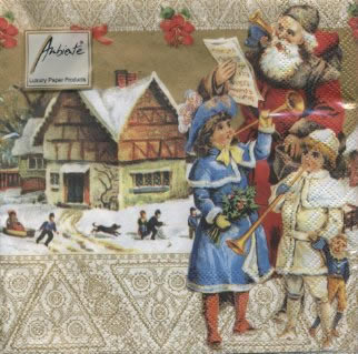 20 Servietten - 33 x 33 cm SINGING SANTA GOLD,  Menschen - Kinder,  Winter - Schnee,  Weihnachten - Weihnachtsmann,  Weihnachten,  lunchservietten