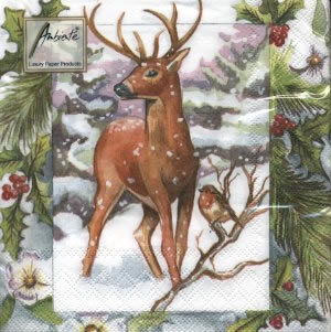 20 Servietten - 33 x 33 cm WINTER FOREST WHITE, Tiere - Reh / Hirsch,  Blumen - Christrosen,  Tiere - Vögel,  Winter - Schnee,  Weihnachten,  lunchservietten