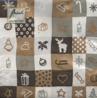 20 Servietten - 33 x 33 cm CHRISTMAS SYMBOLS TAUPE, Tiere - Rentiere,  Winter - Schlitten,  Weihnachten - Baumschmuck,  Winter - Kristalle / Flocken,  Weihnachten,  lunchservietten
