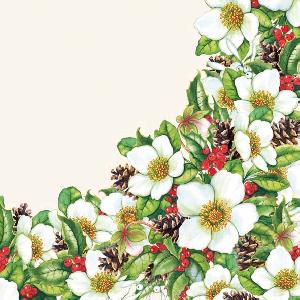 20 Servietten - 33 x 33 cm HELLEBORUS CREAM,  Früchte - Zapfen,  Blumen - Christrosen,  Weihnachten,  lunchservietten