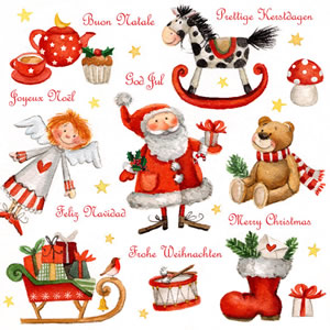 20 Servietten - 33 x 33 cm All about X-mas, Weihnachten - Nikolausstiefel,  Winter - Schlitten,  Spielsachen - Stofftiere,  Weihnachten - Weihnachtsmann,  Weihnachten,  lunchservietten