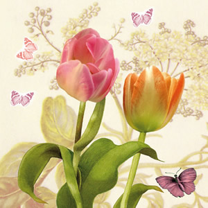 20 Servietten - 25 x 25 cm Frühlingsgedicht, creme,  Blumen - Tulpen,  Tiere - Schmetterlinge,  Frühjahr,  cocktail servietten