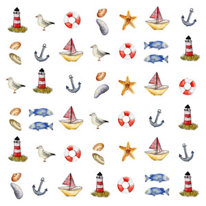 20 Servietten - 33 x 33 cm Amrum, Regionen - Strand / Meer - Muscheln,  Regionen - Strand / Meer - Schiffe,  Tiere - Fische,  Regionen - Strand / Meer - Leuchttürme,  Sommer,  lunchservietten
