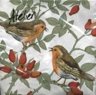 20 Servietten - 33 x 33 cm Vogelgesang,  Tiere - Vögel,  Früchte -  Sonstige,  Sommer,  lunchservietten,  Rotkelchen,  Hagebutten