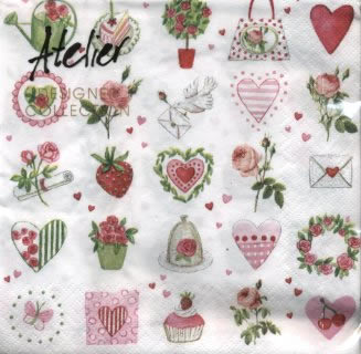 20 Servietten - 33 x 33 cm Alles Liebe,  Essen - Kuchen / Keks,  Ereignisse - Liebe,  Blumen - Rosen,  Sommer,  lunchservietten,  Herzen