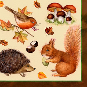 20 Servietten - 33 x 33 cm Waldtiere, Herbst - Blätter / Laub,  Tiere - Igel,  Früchte - Pilze,  Tiere - Eichhörnchen,  Herbst,  lunchservietten,  Vögel,  Rotkehlchen