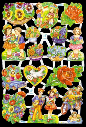 1 Bogen Glanzbilder , Tiere,  Kinder,  Blumen,  Glanzbilder,  Frühjahr,  Blumenstrauß,  Blumenkorb,  Rosen,  Auto