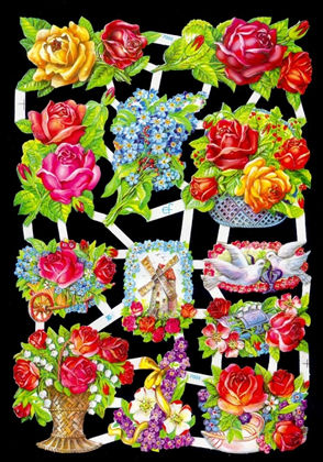 1 Bogen Glanzbilder , Glanzbilder,  Sonstiges,  Tiere,  Blumen,  Sommer,  Rosenstrauß,  Windmühle,  Tauben