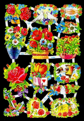 1 Bogen Glanzbilder , Sonstiges,  Blumen,  Tiere,  Glanzbilder,  Frühjahr,  Blumen in der Vase,  Tulpen,  Rosen,  Anker,  Briefkasten,  Vögel,  Herzen,  Blumenkorb