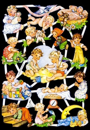 1 Bogen Glanzbilder mit Glimmer , Tiere,  Kinder,  Sonstiges,  Glanzbilder mit Glimmer,  Everyday,  Baby,  Spielende Kinder,  Vögel, Baby beim Wiegen,  Schlafendes Baby