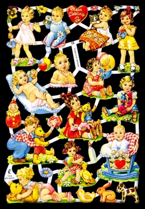1 Bogen Glanzbilder mit Glimmer , Sonstiges,  Glanzbilder mit Glimmer,  Kinder,  Ereignisse,  Everyday,  Baby in der Wiege,  Spielende Kinder,  Stofftiere