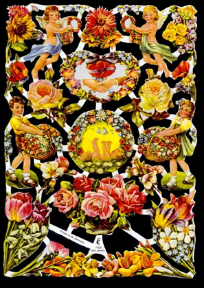 1 Bogen Glanzbilder mit Glimmer , Engel,  Blumen,  Kinder,  Glanzbilder mit Glimmer,  Everyday,  Kinder mit Blumenkorb,  Rosen,  Sonnenblumen,  Tulpen