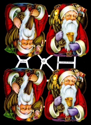 1 Bogen Glanzbilder mit Glimmer , Poesiebilder,  Weihnachtsmänner,  Glanzbilder mit Glimmer,  Sonstiges,  Weihnachten,  4 Weihnachtsmänner mit Spielzeug