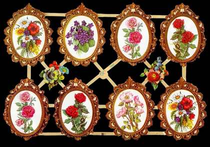 1 Bogen Glanzbilder mit Glimmer , Poesiebilder,  Glanzbilder mit Glimmer,  Sonstiges,  Blumen,  Everyday,  8 Blumen im Rundenrahmen