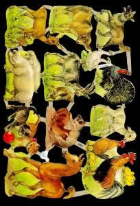 1 Bogen Glanzbilder , Poesiebilder,  Glanzbilder,  Tiere,  Frühjahr,  Bauernhoftiere,  Pferd,  Katze,  Hund,  Schaf,  Ziege,  Schwein,  Huhn,  Hahn