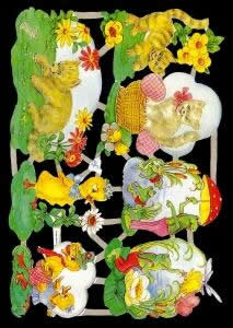 1 Bogen Glanzbilder mit Glimmer , Blumen,  Glanzbilder mit Glimmer,  Sonstiges,  Tiere,  Frühjahr,  Katze auf der Wies,  Frösche im Teich
