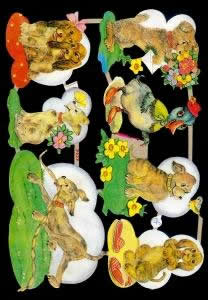 1 Bogen Glanzbilder mit Glimmer , Blumen,  Tiere,  Sonstiges,  Glanzbilder mit Glimmer,  Everyday,  Hund mit Blumenstrauß,  Vogel