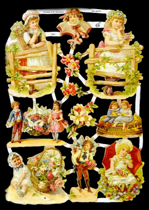 1 Bogen Glanzbilder mit Glimmer , Blumen,  Glanzbilder mit Glimmer,  Kinder,  Sonstiges,  Everyday,  Viktorians,  Blumenkorb,  Tauben,  Mädchen mit Schirm