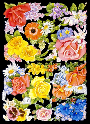 1 Bogen Glanzbilder mit Glimmer , Sonstiges,  Blumen,  Tiere,  Glanzbilder mit Glimmer,  Sommer,  Rosen,  Veilchen,  Marienkäfer,  Narzissen