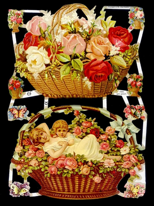 1 Bogen Glanzbilder , Glanzbilder,  Kinder,  Blumen,  Sonstiges,  Sommer,  Kinder auf Blumenkorb,  Rosenkorb,  Schmetterlinge