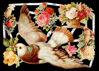 1 Bogen Glanzbilder mit Glimmer , Blumen,  Sonstiges,  Glanzbilder mit Glimmer,  Tiere,  Sommer,  Taube,  Rosenkorb,  Strauß