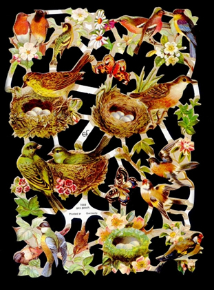 1 Bogen Glanzbilder , Blumen,  Tiere,  Sonstiges,  Glanzbilder,  Frühjahr,  Vögel mit Nestern,  Schmetterling
