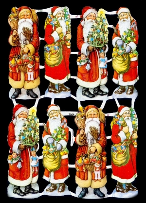 1 Bogen Glanzbilder mit Glimmer , Poesiebilder,  Sonstiges,  Glanzbilder mit Glimmer,  Weihnachtsmänner,  Weihnachten,  8 Weihnachtsmänner mit Spielzeug