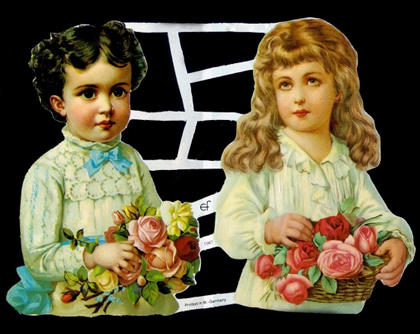 1 Bogen Glanzbilder , Poesiebilder,  Blumen,  Glanzbilder,  Kinder,  Sommer,  2Mädchen mit Rosenkorb