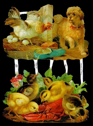 1 Bogen Glanzbilder mit Glimmer , Glanzbilder mit Glimmer,  Sonstiges,  Blumen,  Tiere,  Frühjahr,  Huhn mit Eiern,  Hund,  Kücken,  Hummer