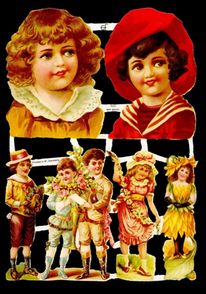 1 Bogen Glanzbilder mit Glimmer , Blumen,  Sonstiges,  Kinder,  Glanzbilder mit Glimmer,  Everyday,  Viktorian,  Blumenmädchen