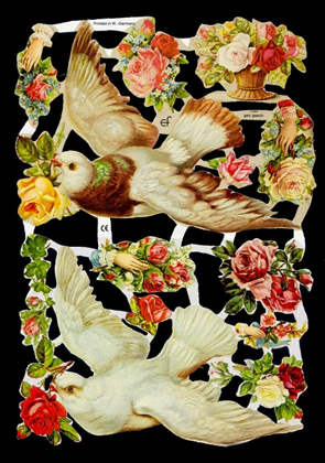 1 Bogen Glanzbilder , Poesiebilder,  Tiere,  Blumen,  Glanzbilder,  Sommer,  Tauben,  Rosenstrauß